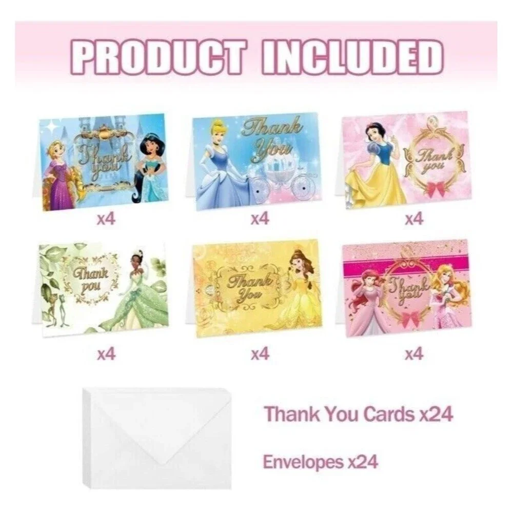 Set Lot of 24 THANK YOU Cards Disney Princess Blank Notes Girls Birthday Party..